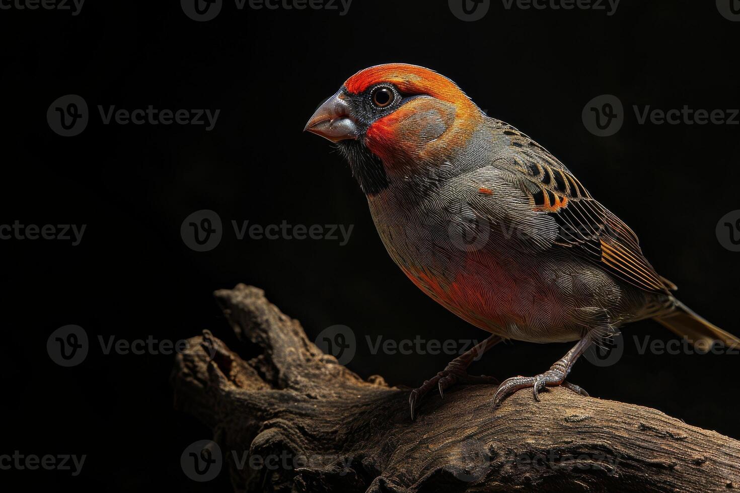 Shaft tail Finch bird on the rooted in studio isolated on black background photo