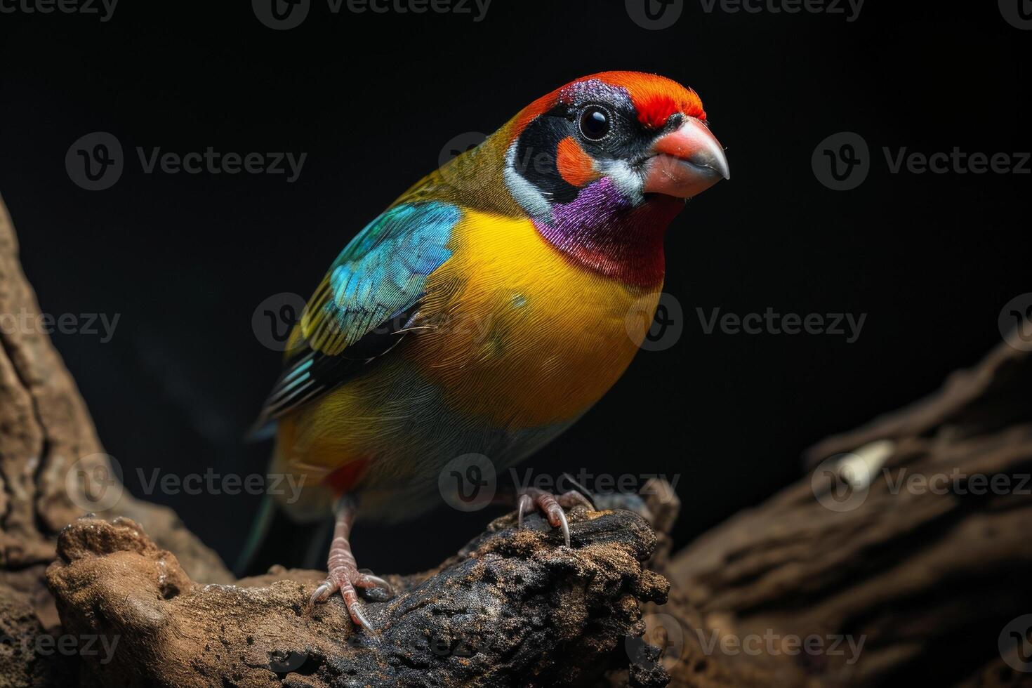 Lady Gouldian Finch on the rooted in studio isolated on black background photo