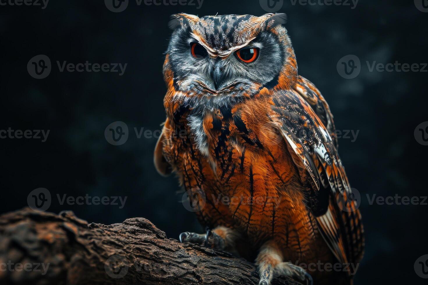 Owl Finch on the rooted in studio isolated on black background photo