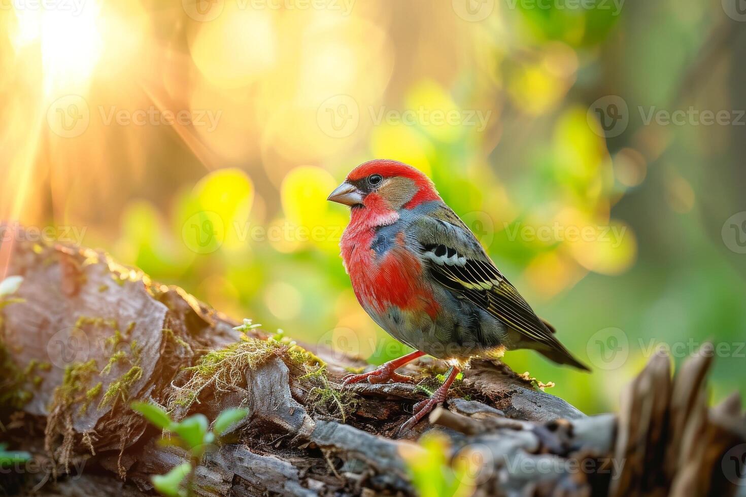 Red headed Finch standing on the rooted in natural habitat photo