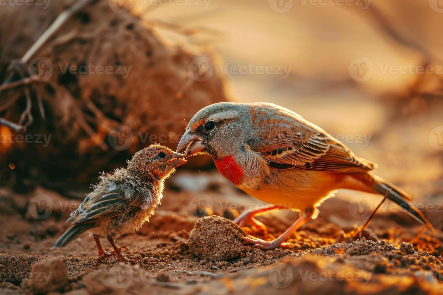 Shaft tail mother finch feeding her young in the natural habitat photo