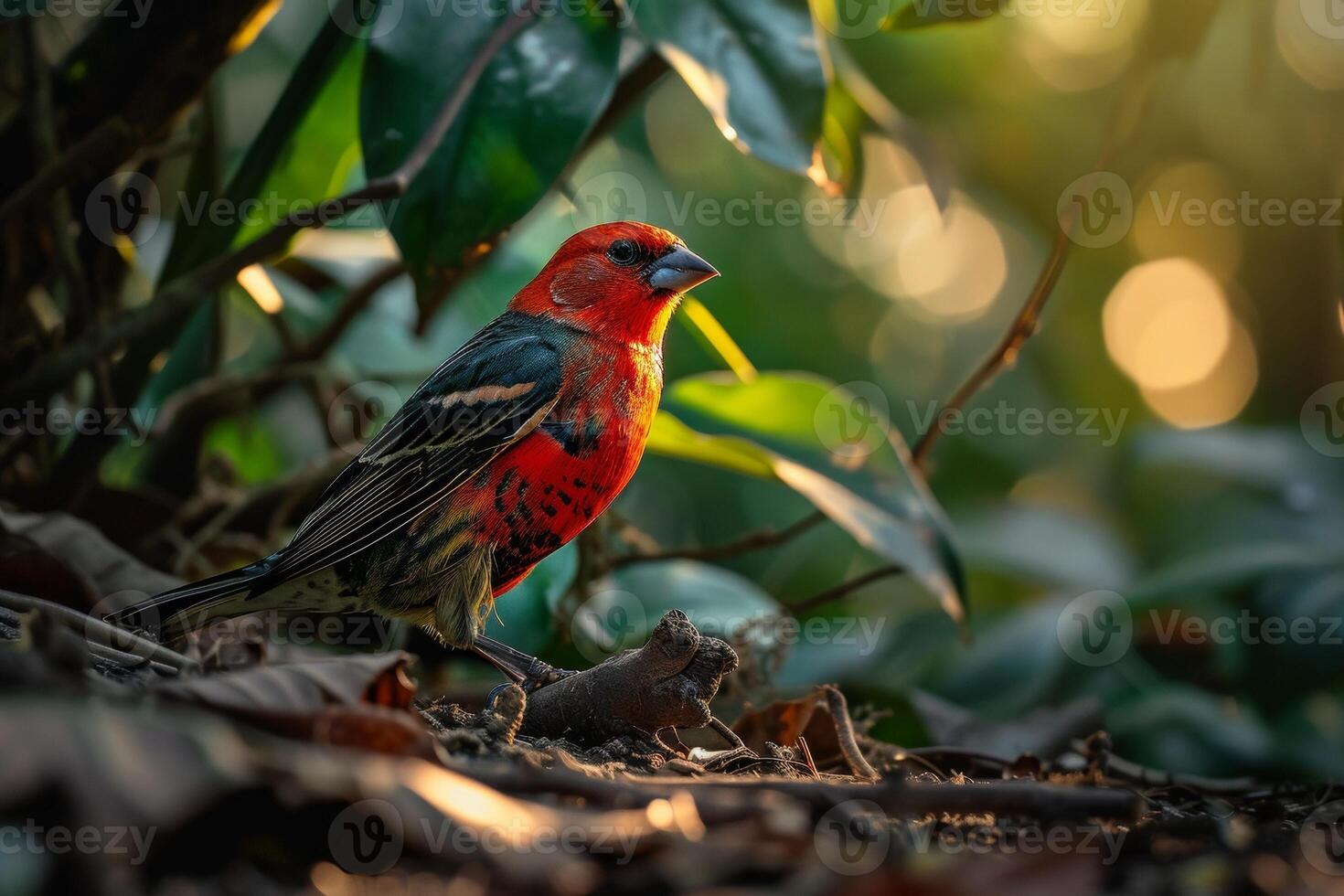 Red headed Finch standing on the rooted in natural habitat photo