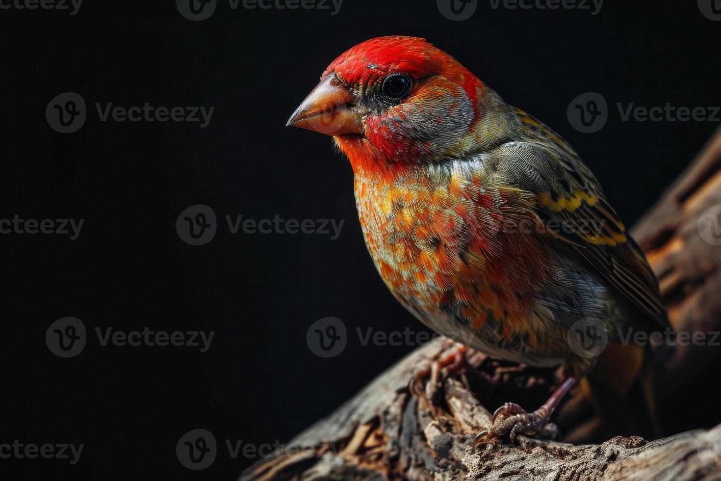 Red headed Finch bird on the rooted in studio isolated on black background photo