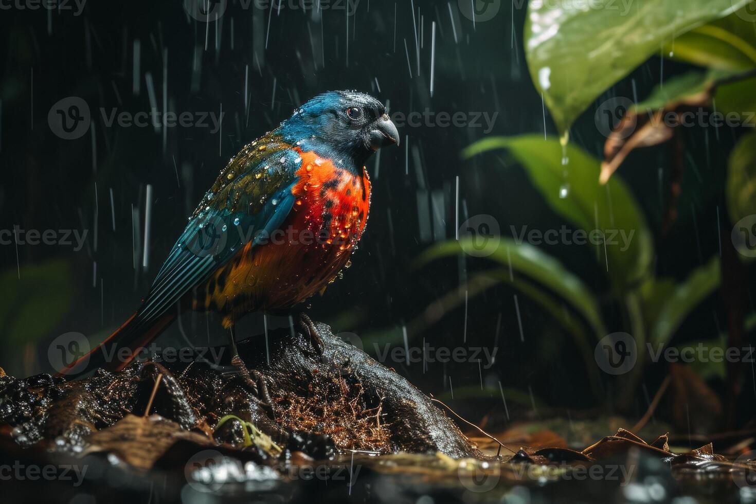 Blue faced Parrot Finch bird caught in the rain in natural habitat photo
