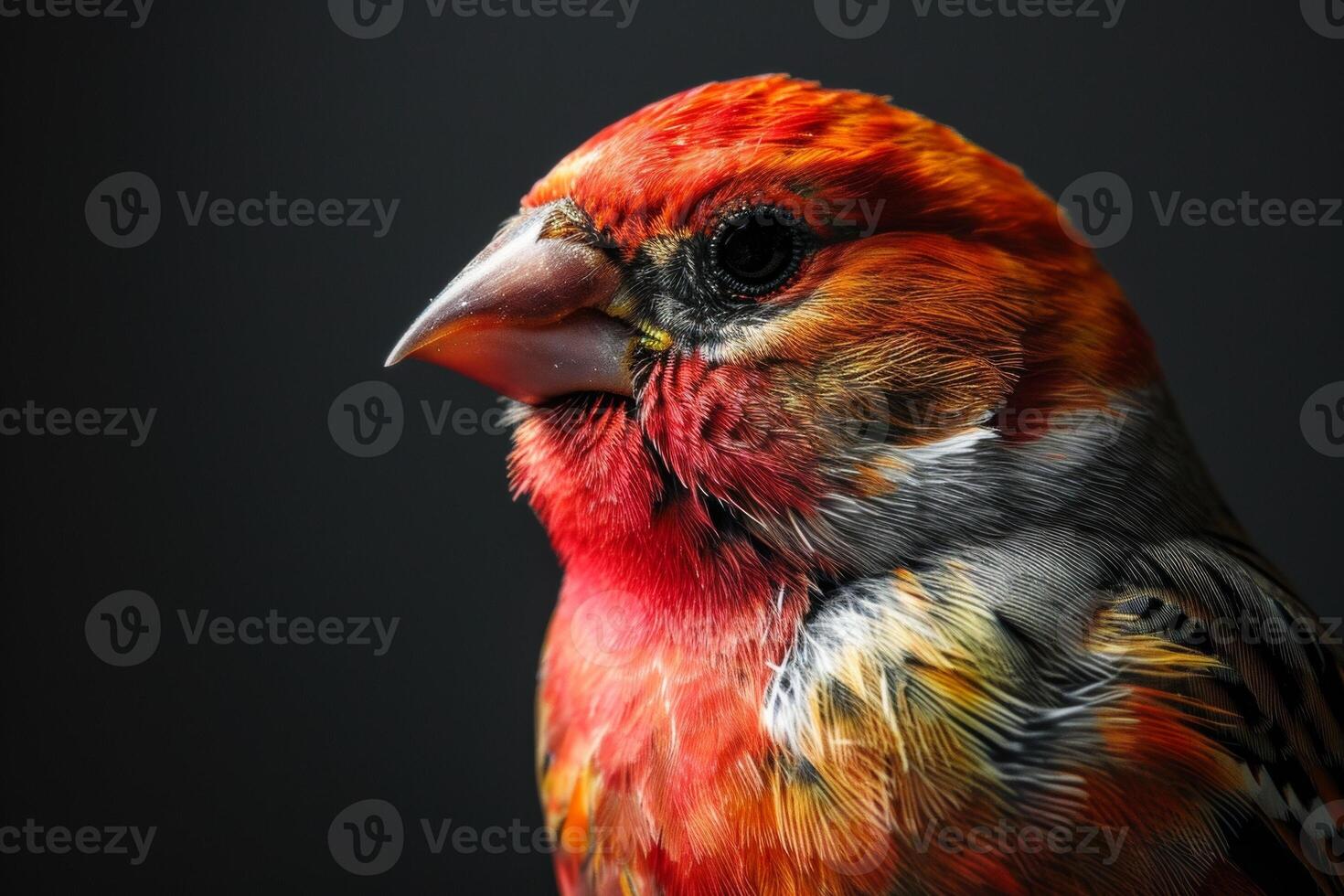 Red headed Finch bird in studio isolated on black background photo