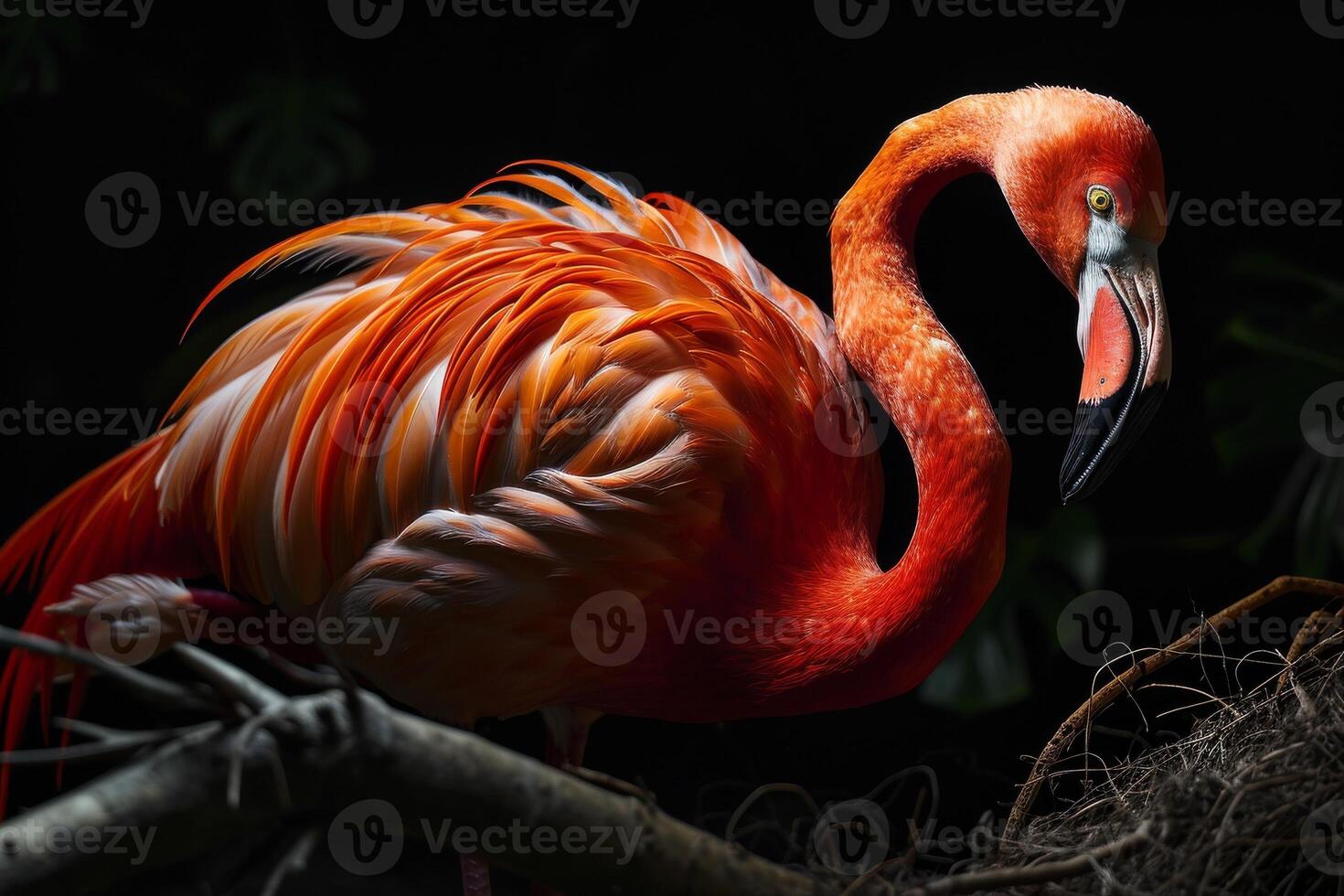 Caribbean Flamingo on the rooted in studio isolated on black background photo