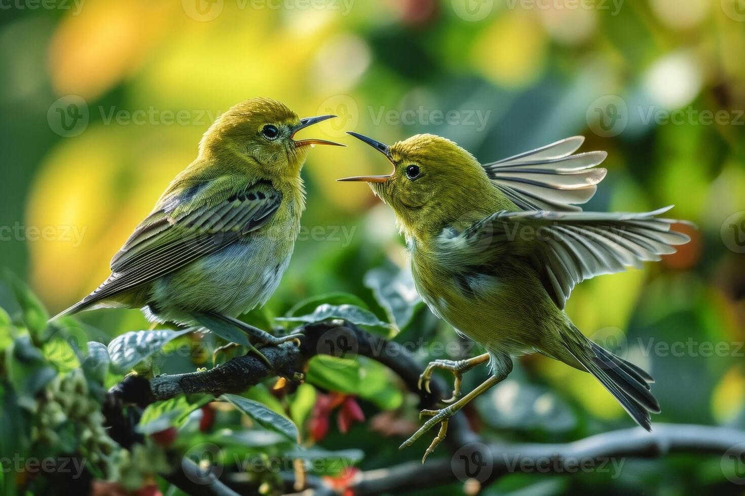 Green warbler bird fighting in the natural habitat photo