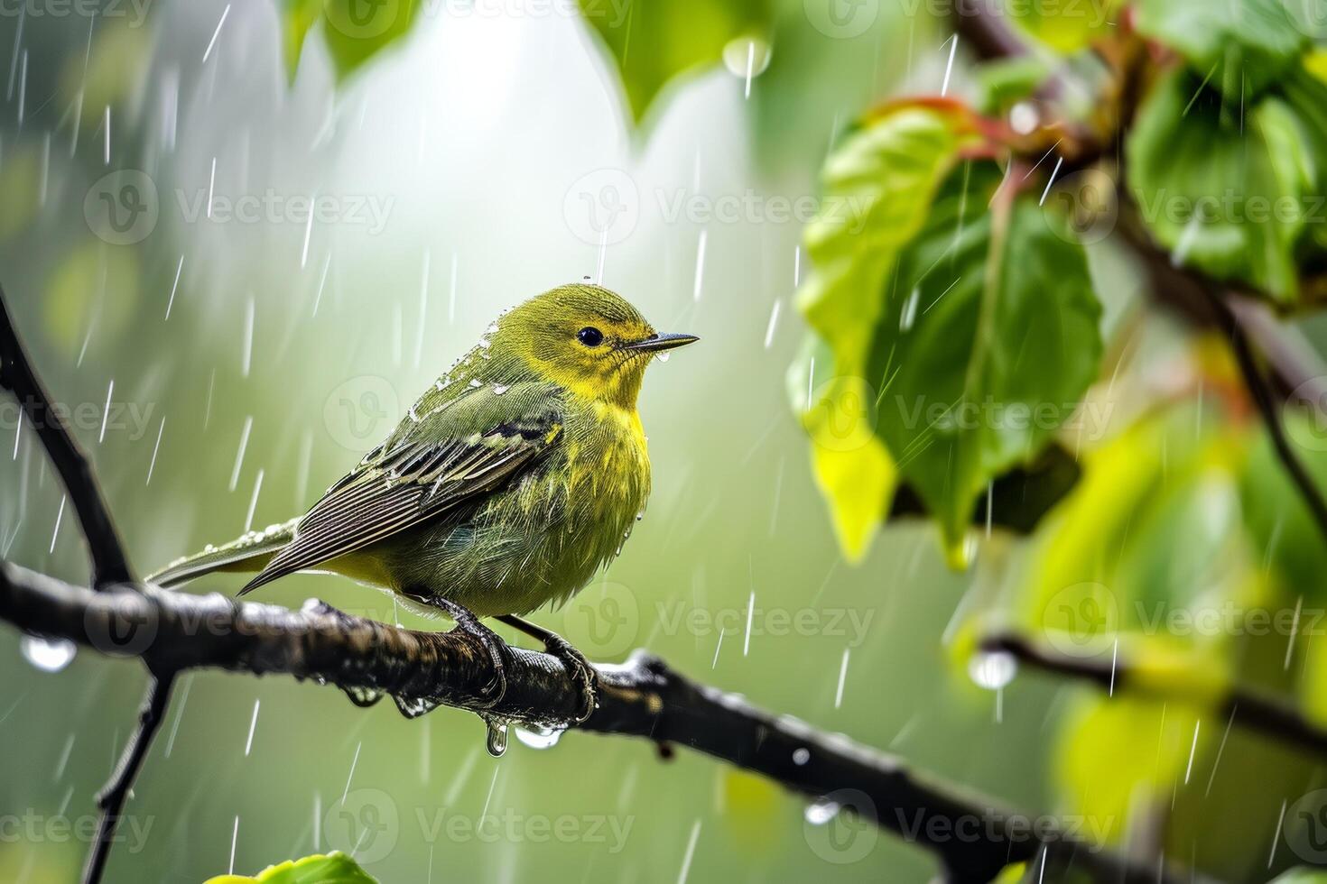 A Small Yellow Bird Perched on a Branch in the Rain photo