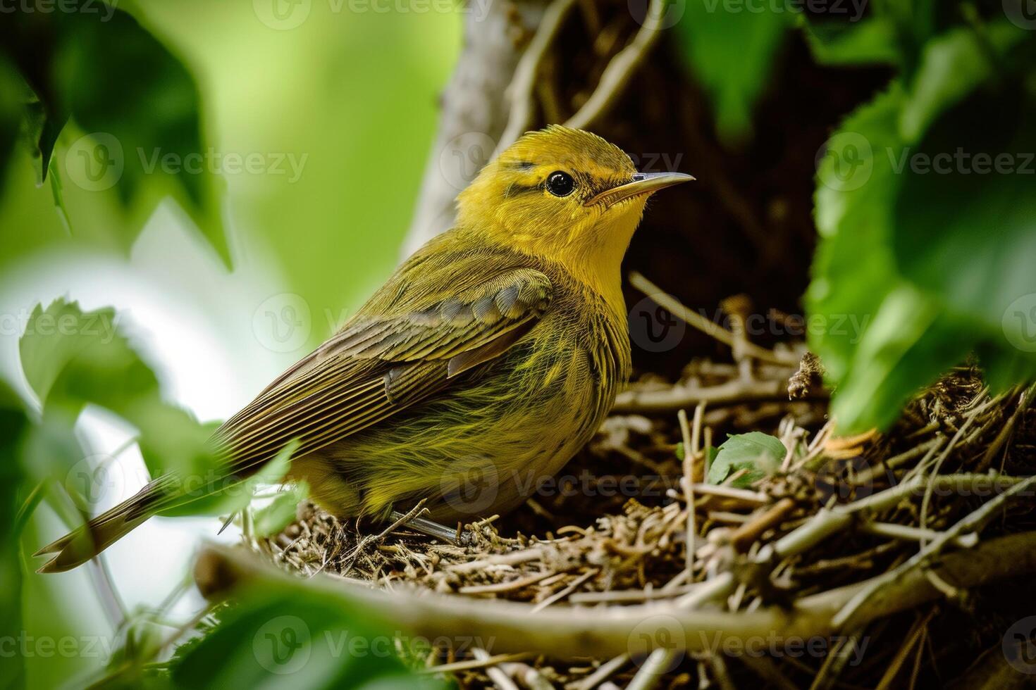 A Yellow Warbler Perched in a Nest Made of Twigs photo