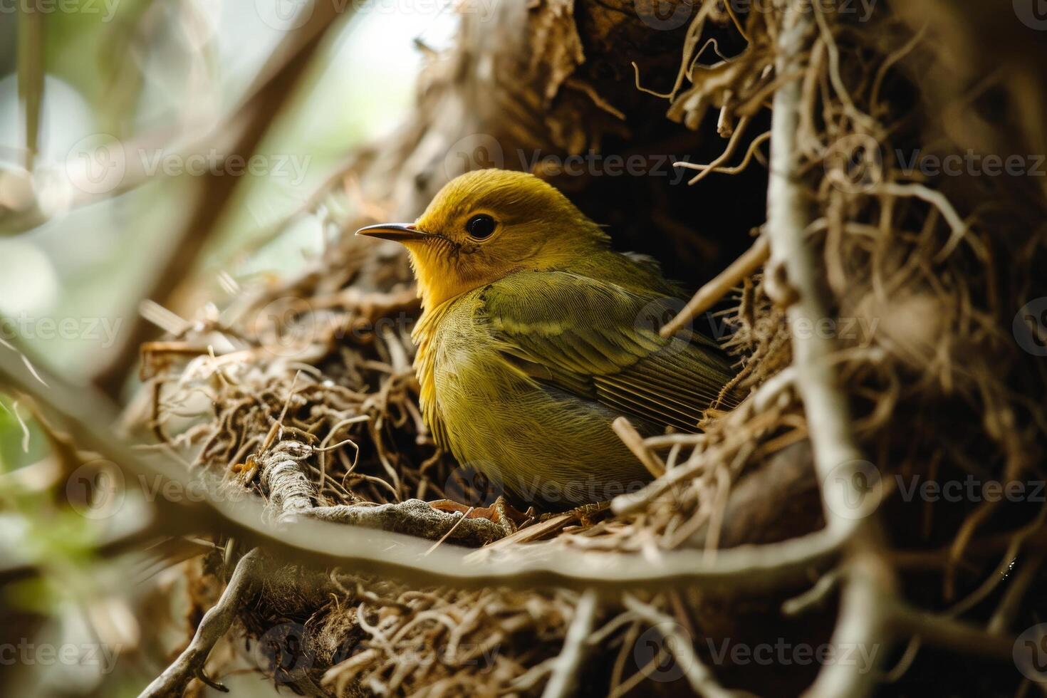 A Yellow Warbler Perched in a Nest of Twigs photo
