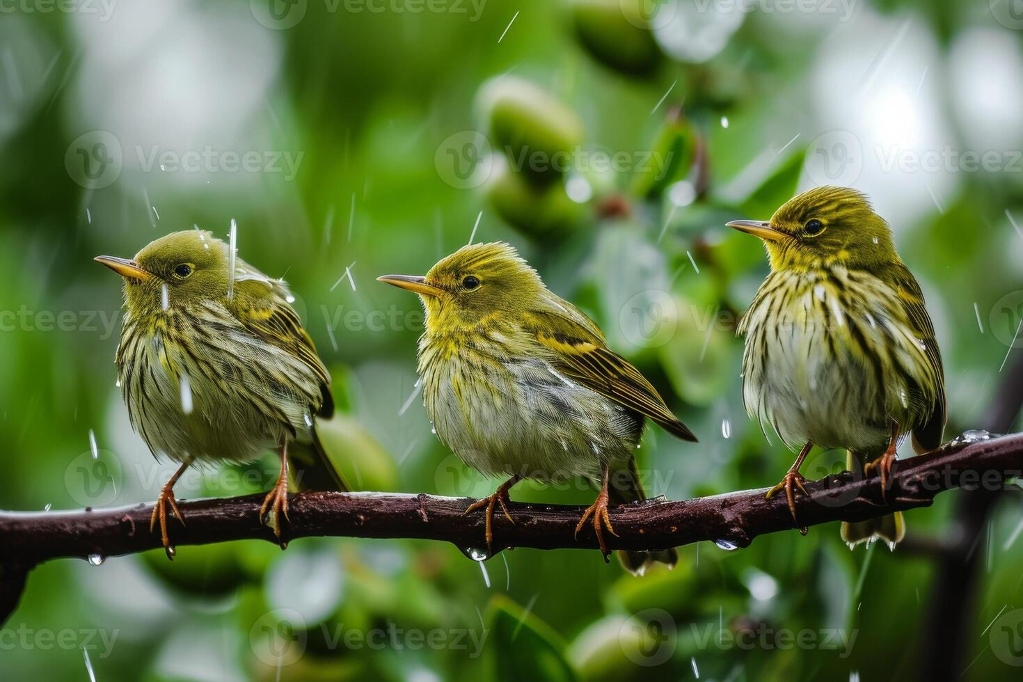 Three Small Birds Perched on a Branch in the Rain photo