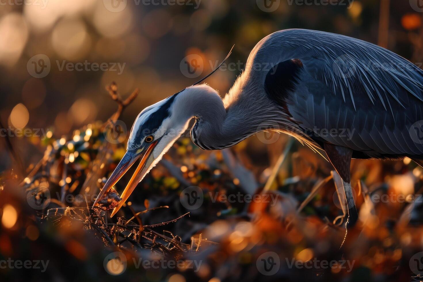 Great blue heron eating in the natural habitat photo