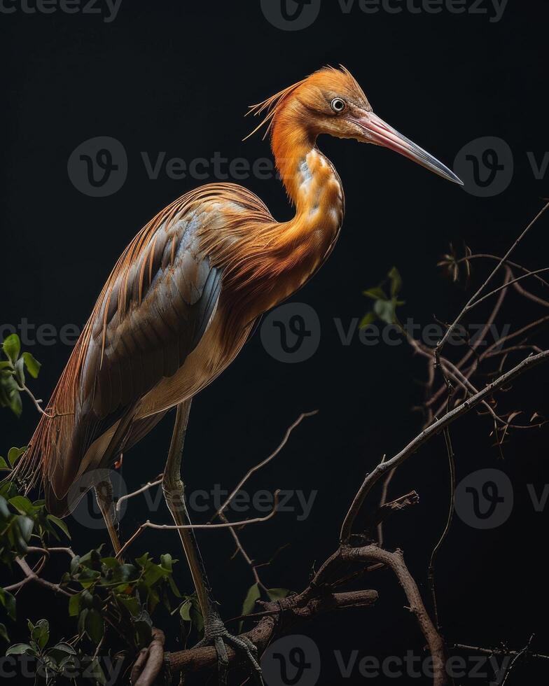 Red heron bird bird standing on the rooted in studio isolated on black background photo