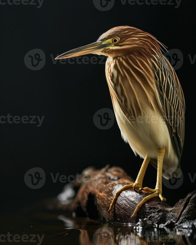 Indian Pond Heron bird standing on the rooted in studio isolated on black background photo