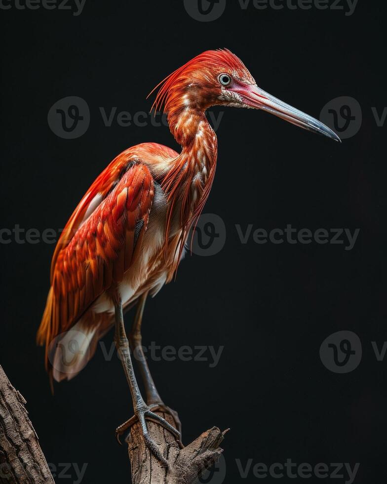 Red Heron bird standing on the rooted in studio, isolated on black background photo