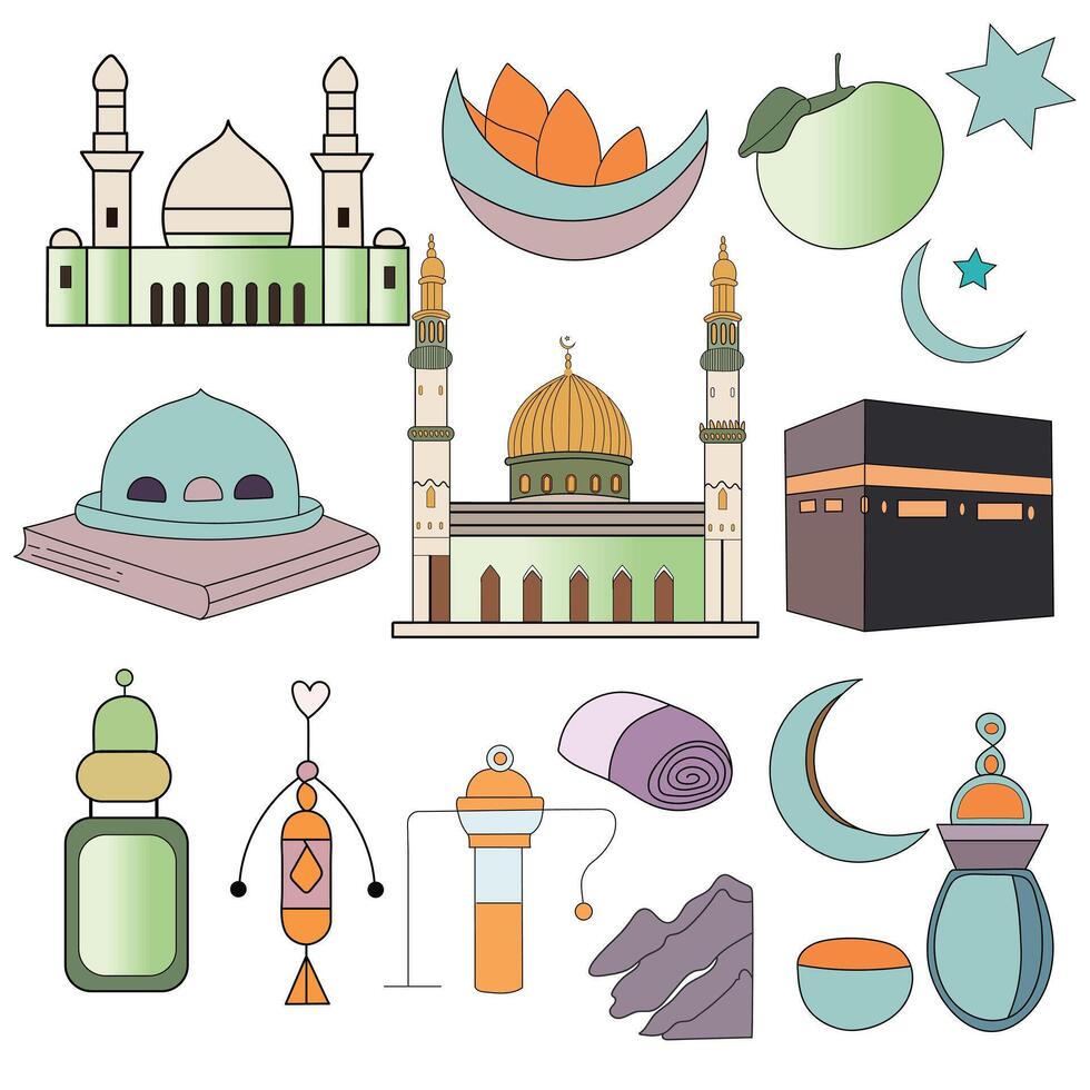 Moslem Doodle Illustration hand drawn line art color. vector