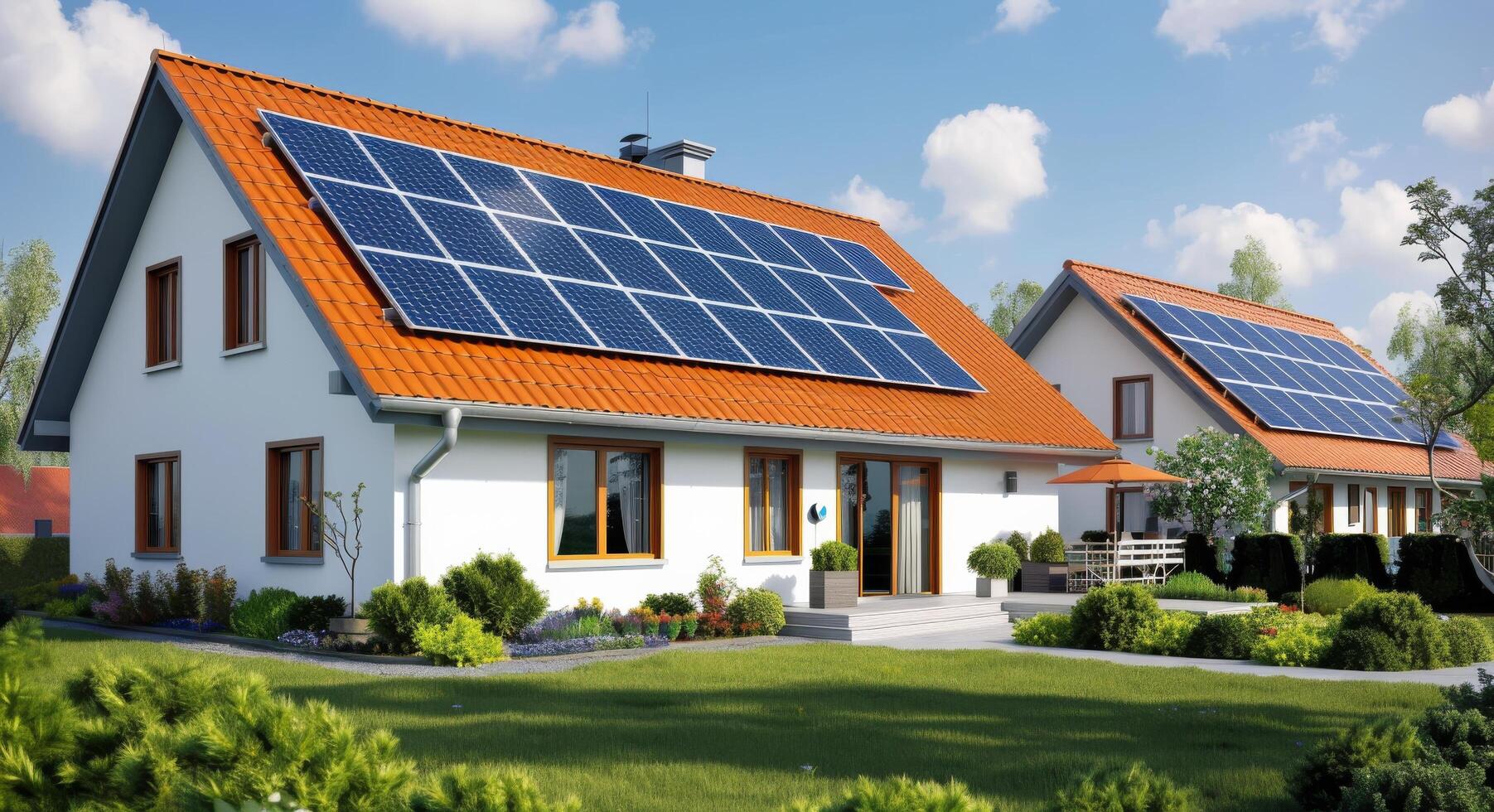 Modern Home With Solar Panels in Bright Daylight photo