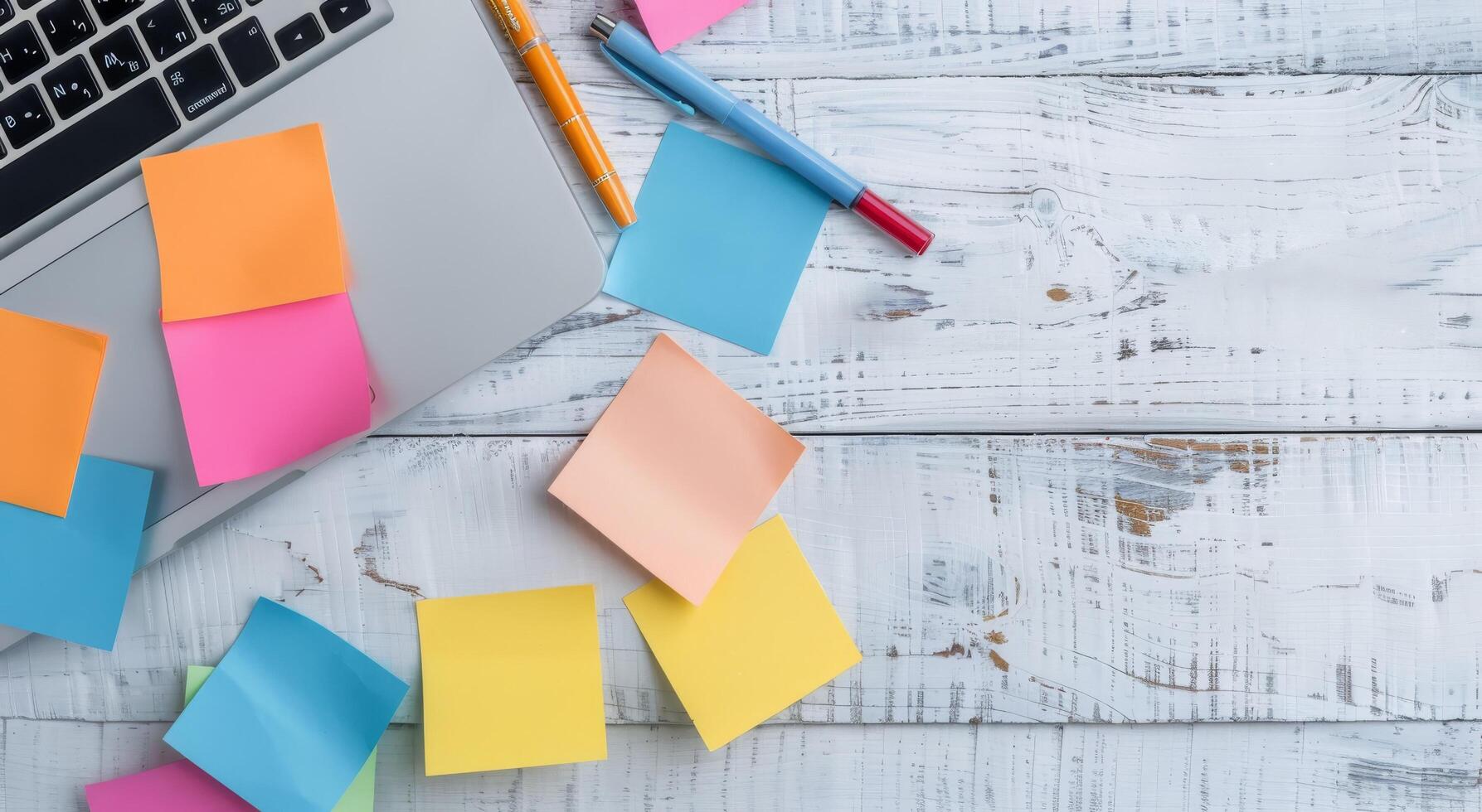 Colorful Sticky Notes and Laptop on Wooden Desk With Notepad photo