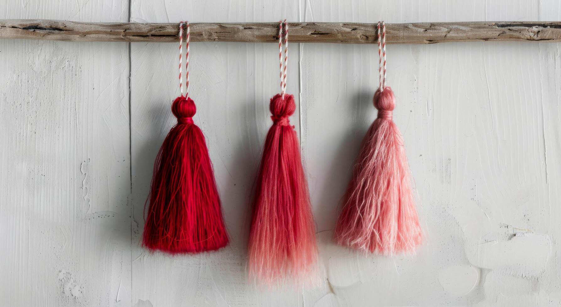 Red Tassels Hanging on a Branch Against a Textured Neutral Background photo