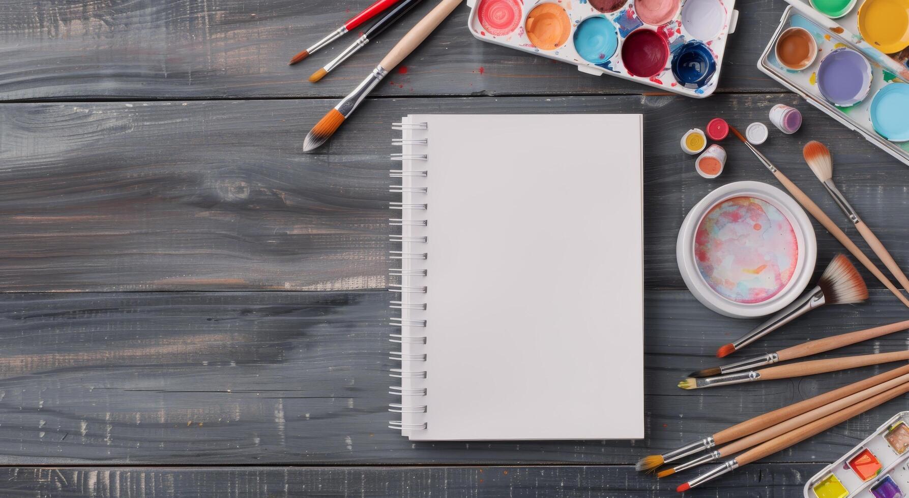 Art Supplies on a Wooden Table With Blank Sketchbook and Used Paint Palette photo