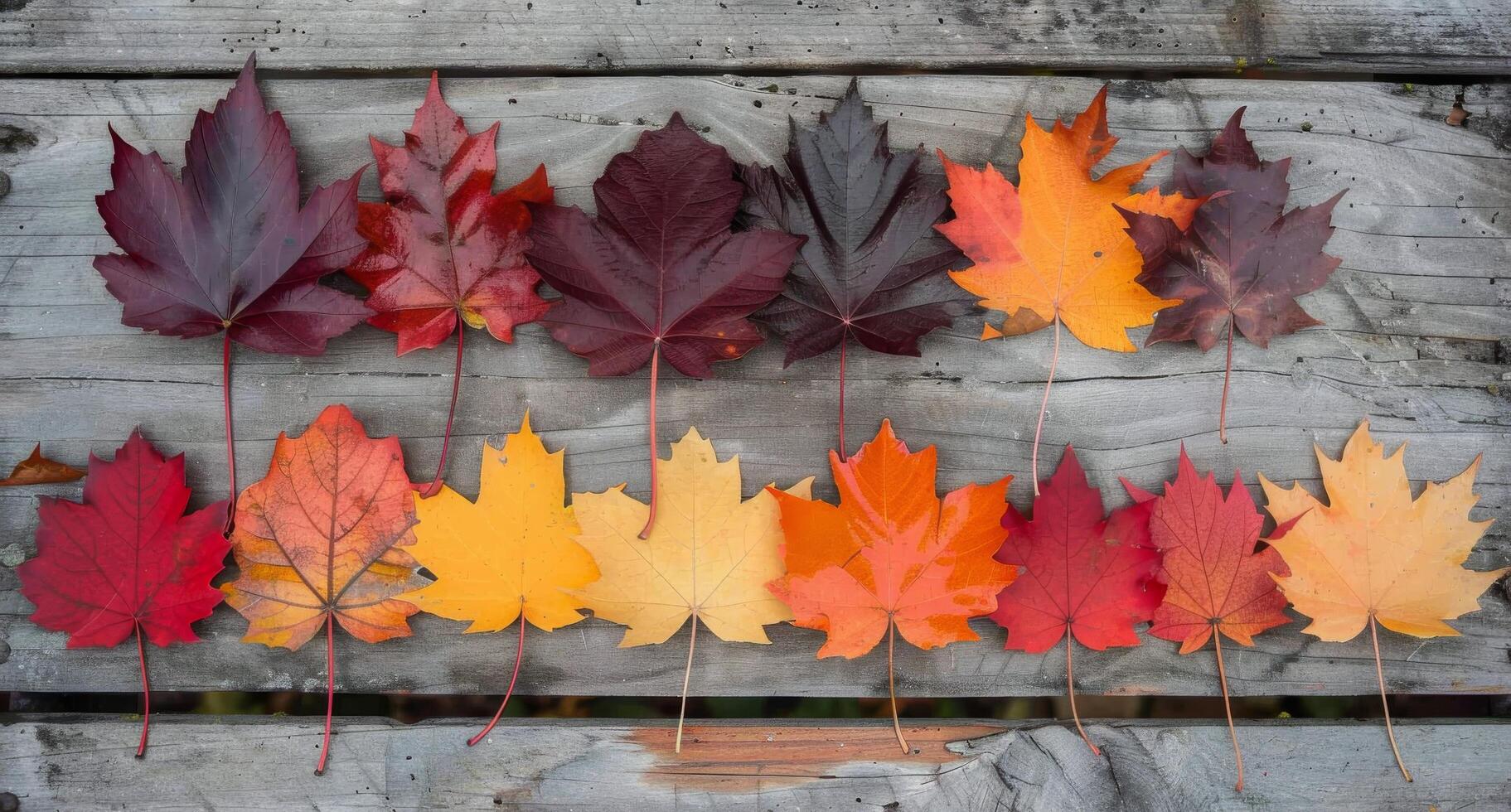 Colorful Autumn Leaves Arranged on Weathered Wooden Surface in Bright Daylight photo