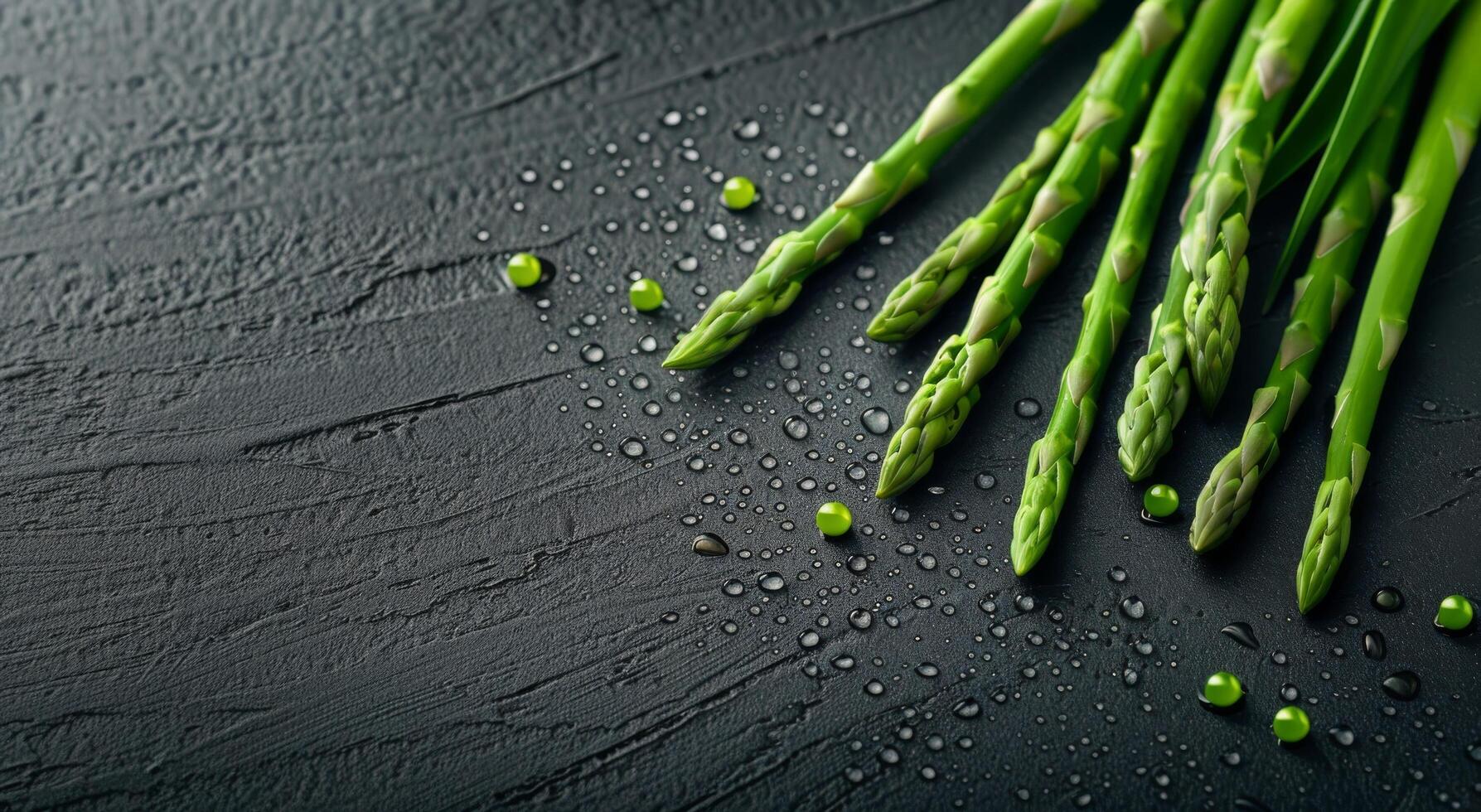 Fresh Asparagus Stalks With Water Droplets on Black Slate Surface photo
