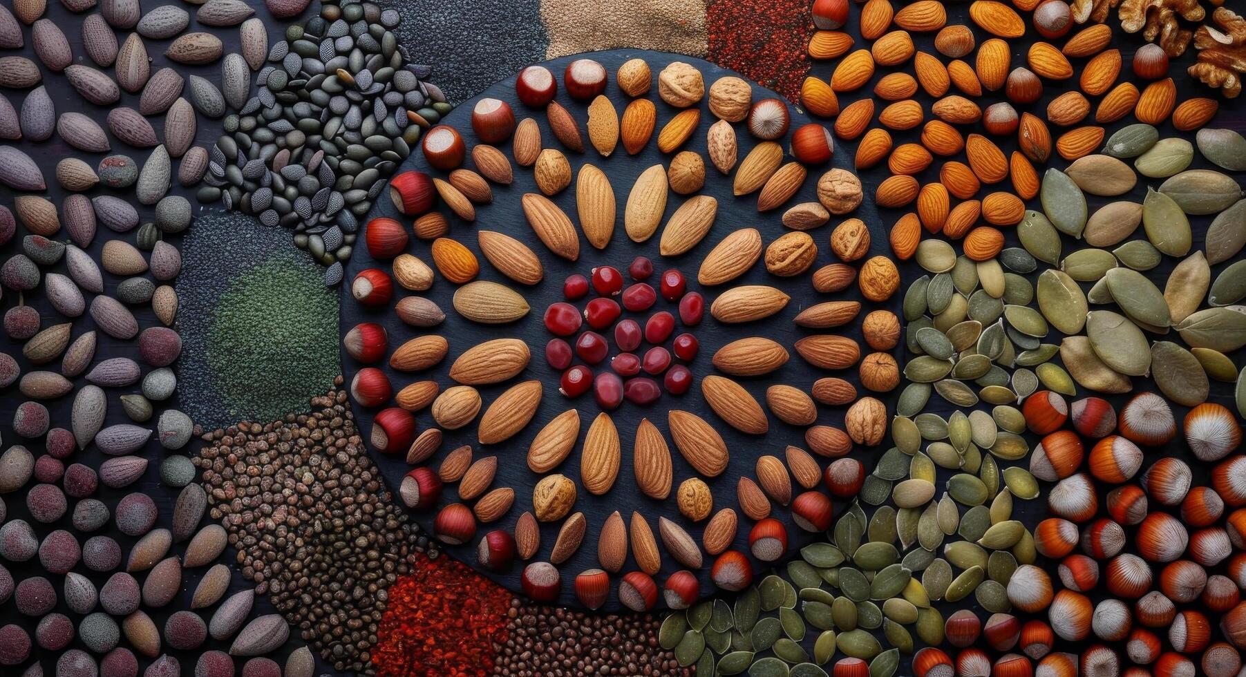 Colorful Arrangement of Dried Fruits and Nuts on a Dark Surface photo