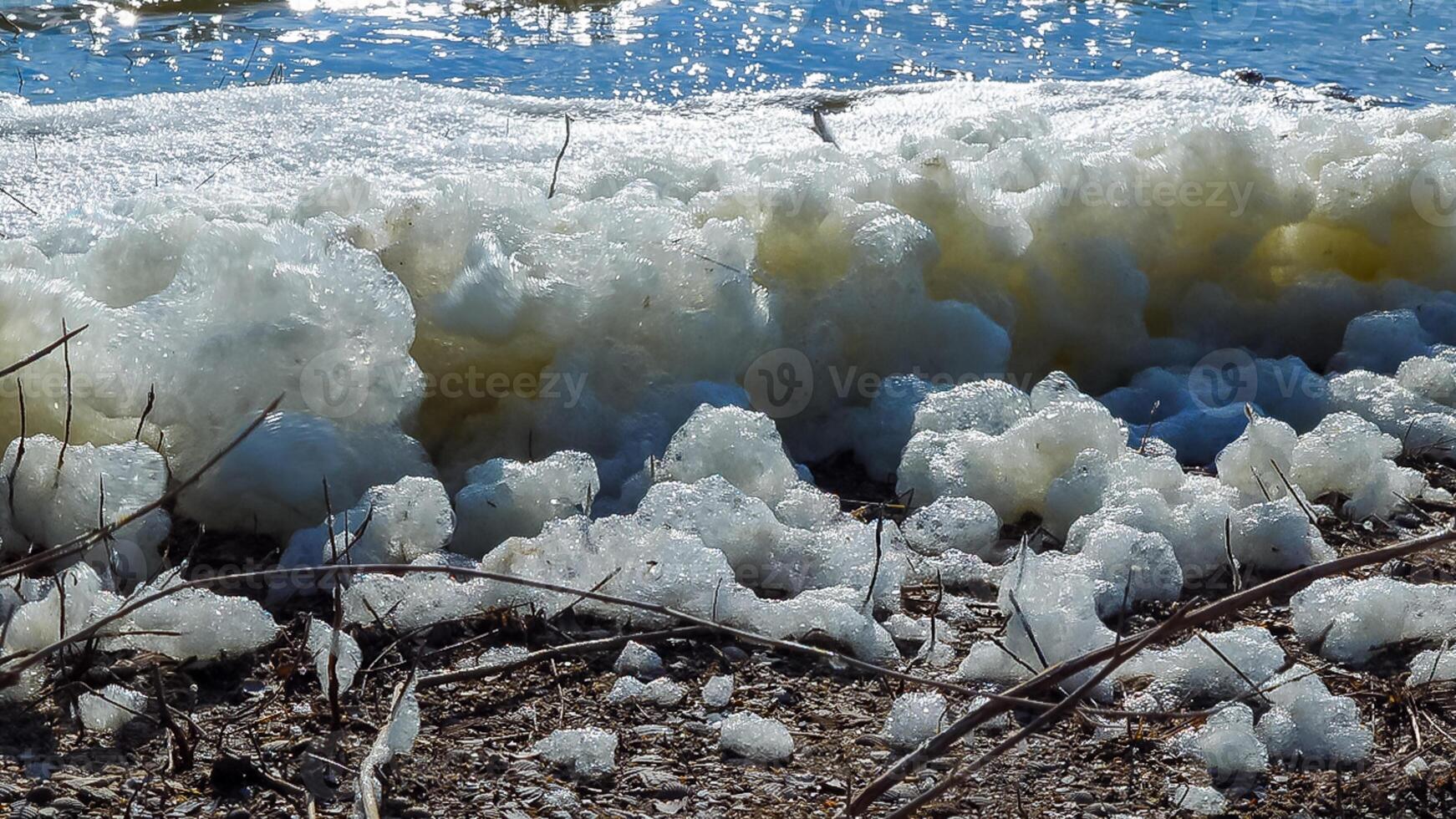 Environmental problem and pollution, eutrophication of a natural reservoir, dirty foam on the shore, Tiligul estuary photo