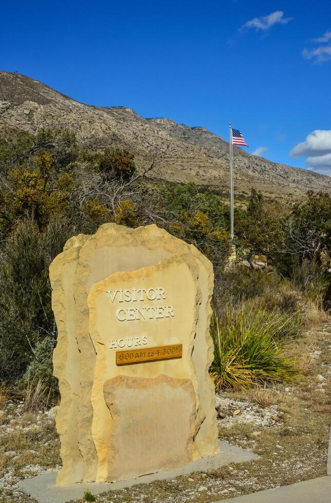 NEW MEXICO, USA - NOVEMBER 22, 2019 original information sign on yellow stone at a visitor center in a park in New Mexico photo