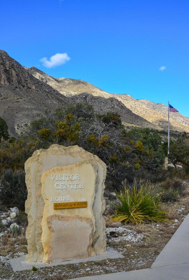 NEW MEXICO, USA - NOVEMBER 22, 2019 original information sign on yellow stone at a visitor center in a park in New Mexico photo
