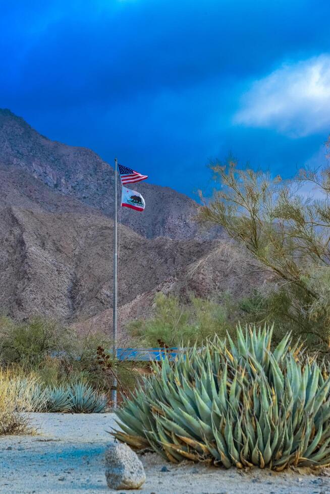 CALIFORNIA, USA - NOVEMBER 27, 2019 the flag of the USA and California on the background of the mountains, Agave in the foreground photo