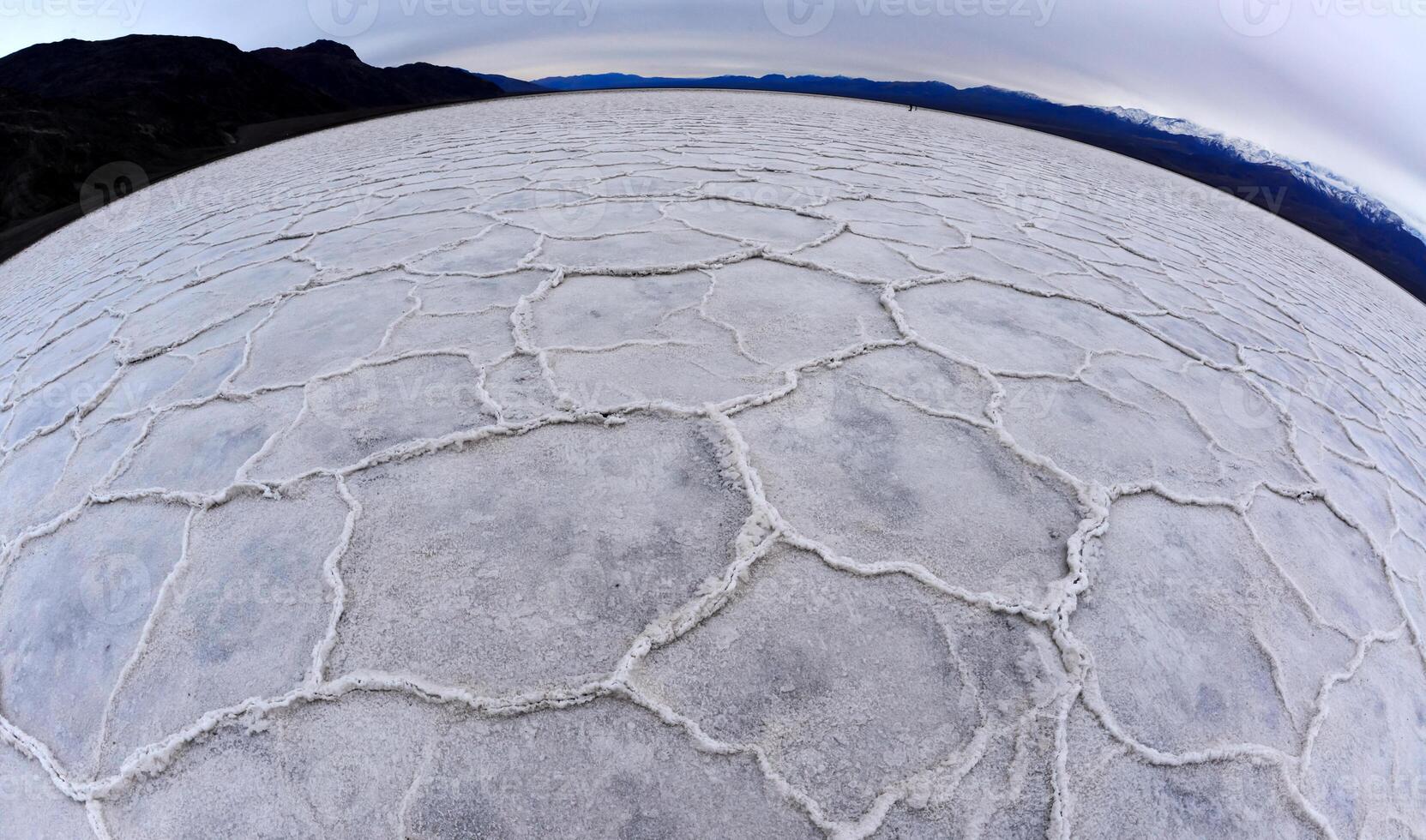 Death Valley National Park, Smooth salt valley with cracked and swollen salt, dead salt landscape, Photo with Fisheye lens