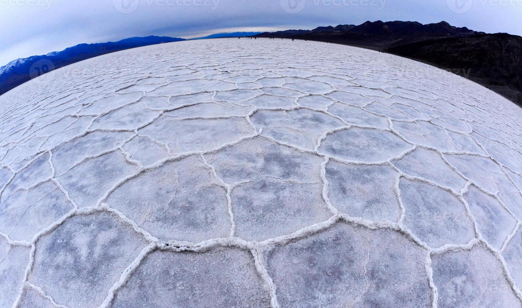 Death Valley National Park, Smooth salt valley with cracked and swollen salt, dead salt landscape, Photo with Fisheye lens