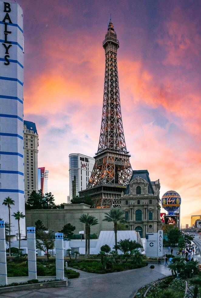 Las Vegas, Nevada - November 30, 2009 A view of the Eiffel Tower replica at the Paris Las Vegas hotel and casino during a beautiful sunset photo