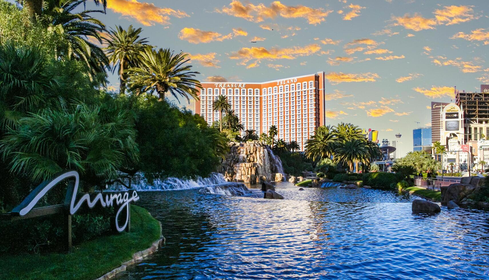 Water cascading over rocks in front of the mirage hotel in Las Vegas. photo