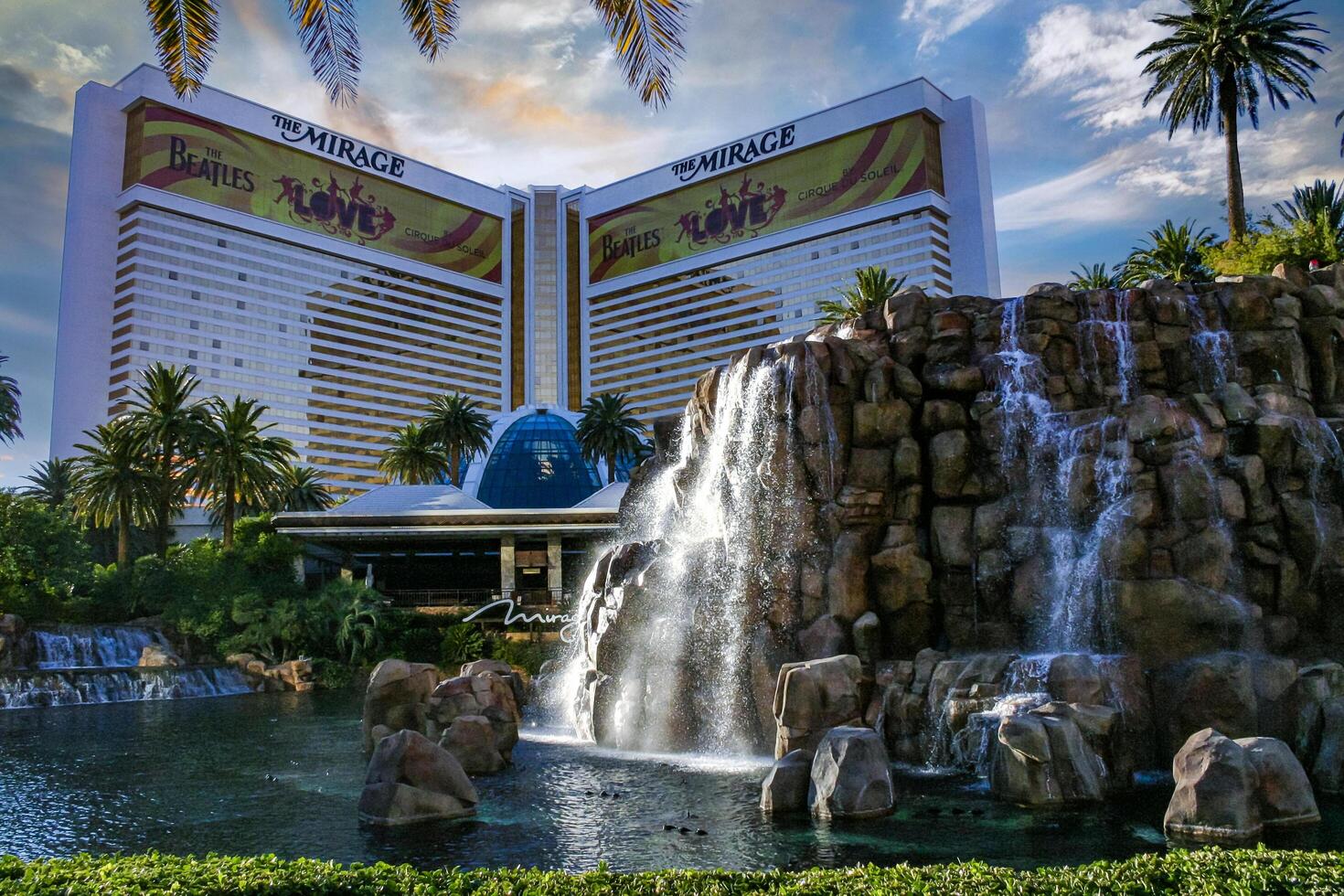Las Vegas, Nevada - November 30, 2009 Water falling over rocks in front of the Mirage Hotel and casino in Las Vegas, Nevada photo