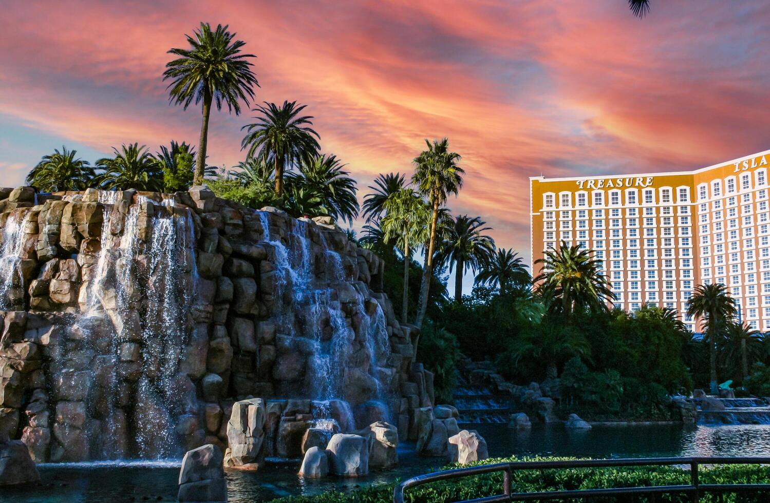 Las Vegas, Nevada - November 30, 2009 Water falling over rocks in front of the Mirage Hotel and casino in Las Vegas, Nevada photo