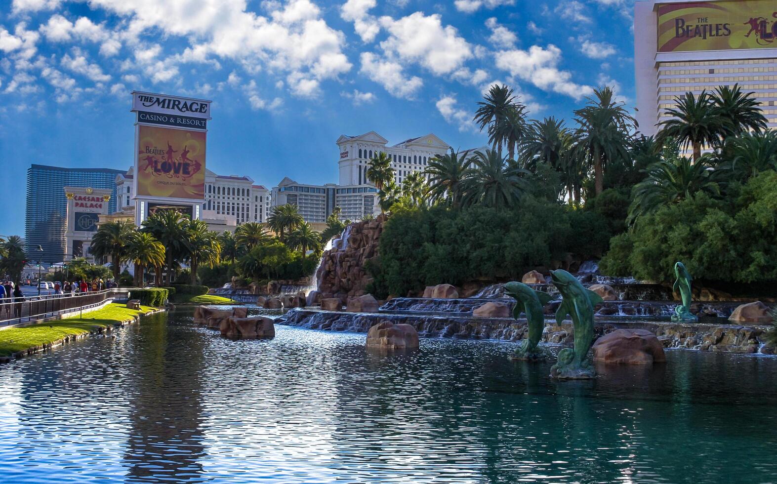 Las Vegas, Nevada - November 30, 2009 Water falling over rocks in front of the Mirage Hotel and casino in Las Vegas, Nevada photo