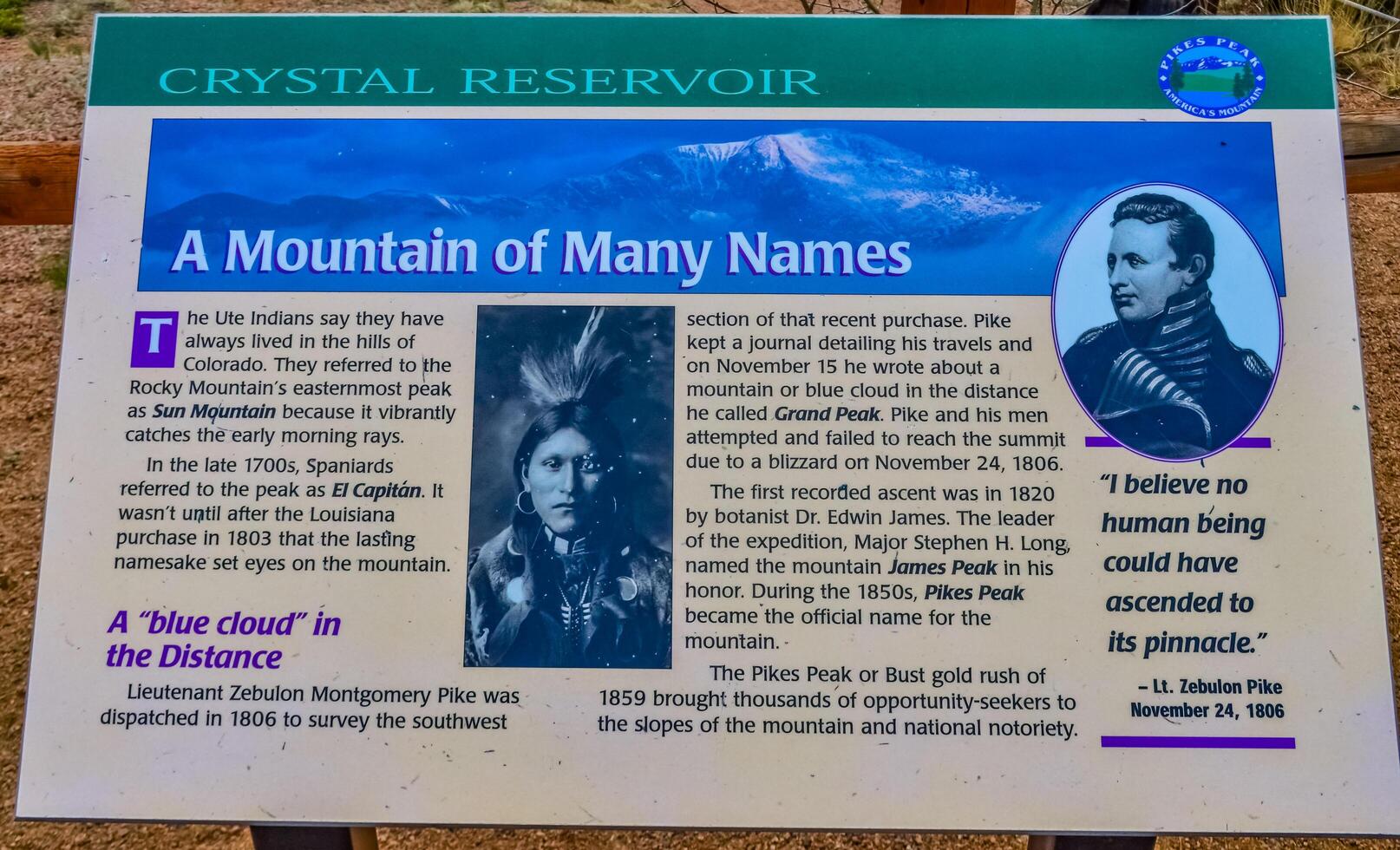 Colorado, USA - MAY 05, 2018 - information sign on the snowy slope of the Pikes Peak Mountains, Colorado, US photo