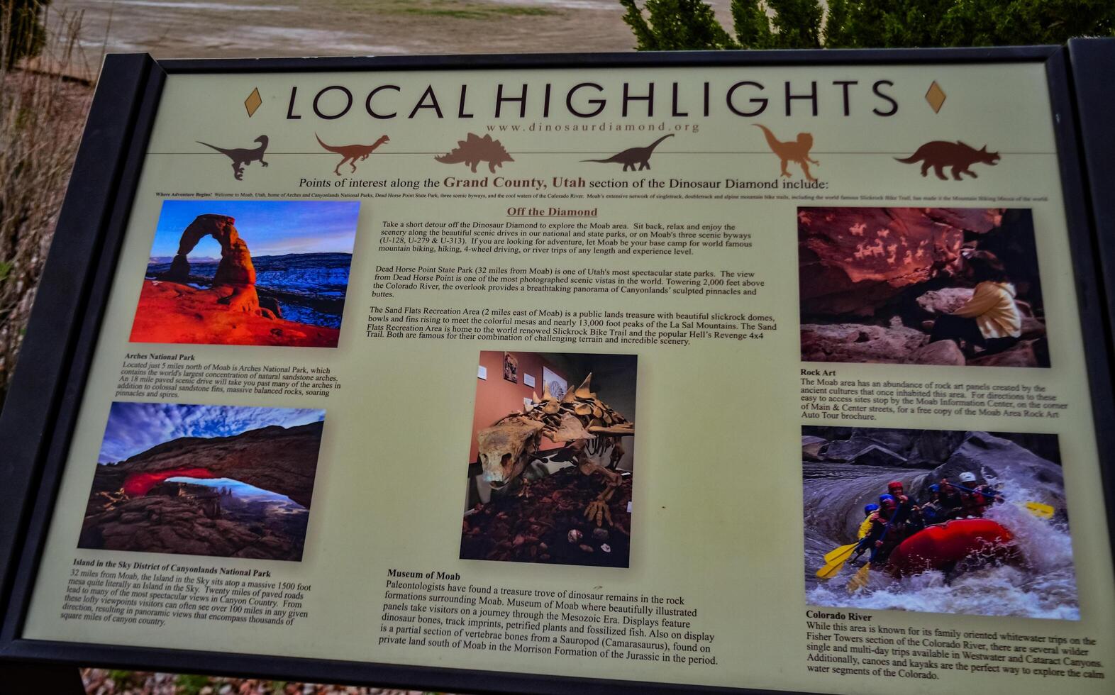 UTAH, USA - MAY 07, 2018 - information sign with information about extinct dinosaurs and their remains in nature in Utah, US photo