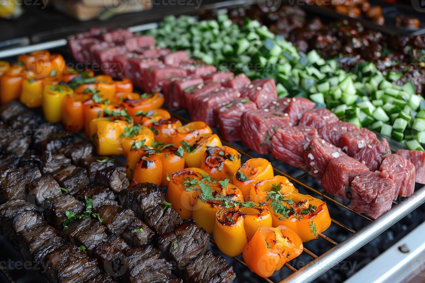 Grilled Skewers of Beef, Bell Peppers, and Cucumber photo