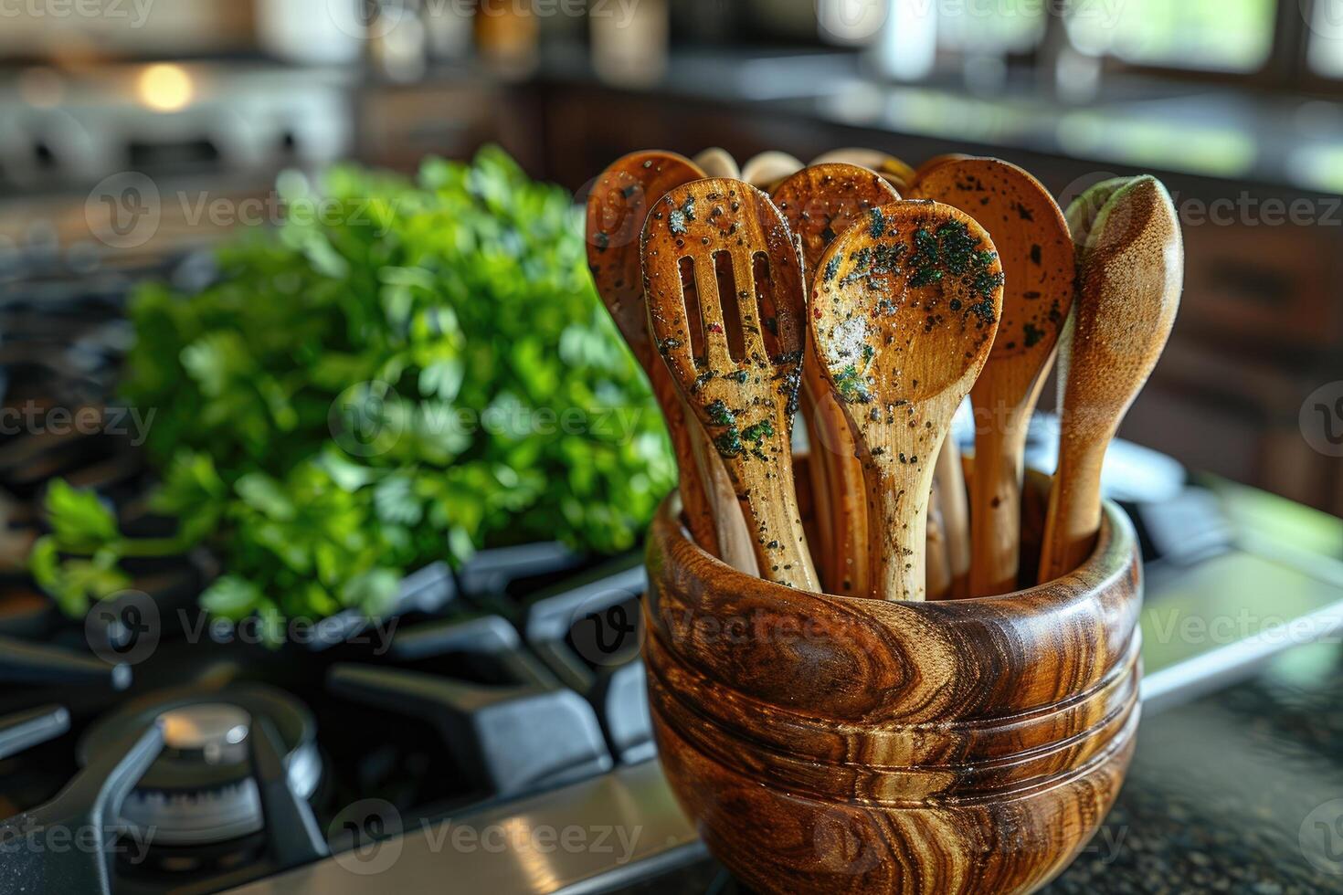 Wooden Utensils In A Wooden Bowl On A Kitchen Countertop photo