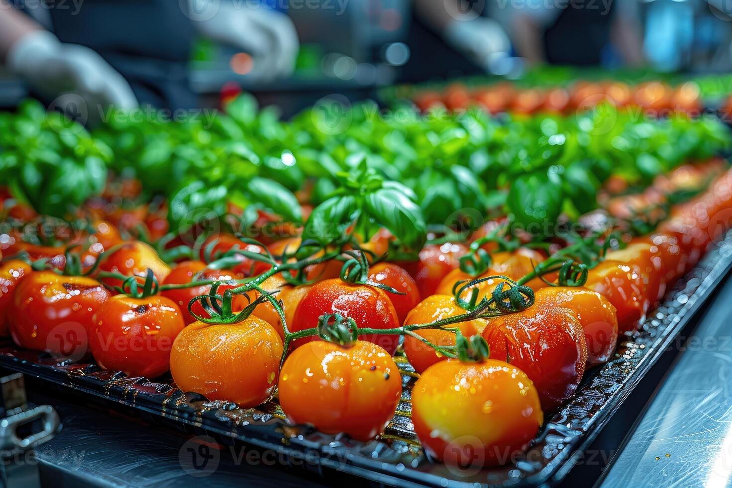 Close-up of Red and Yellow Tomatoes with Basil on a Metal Tray photo