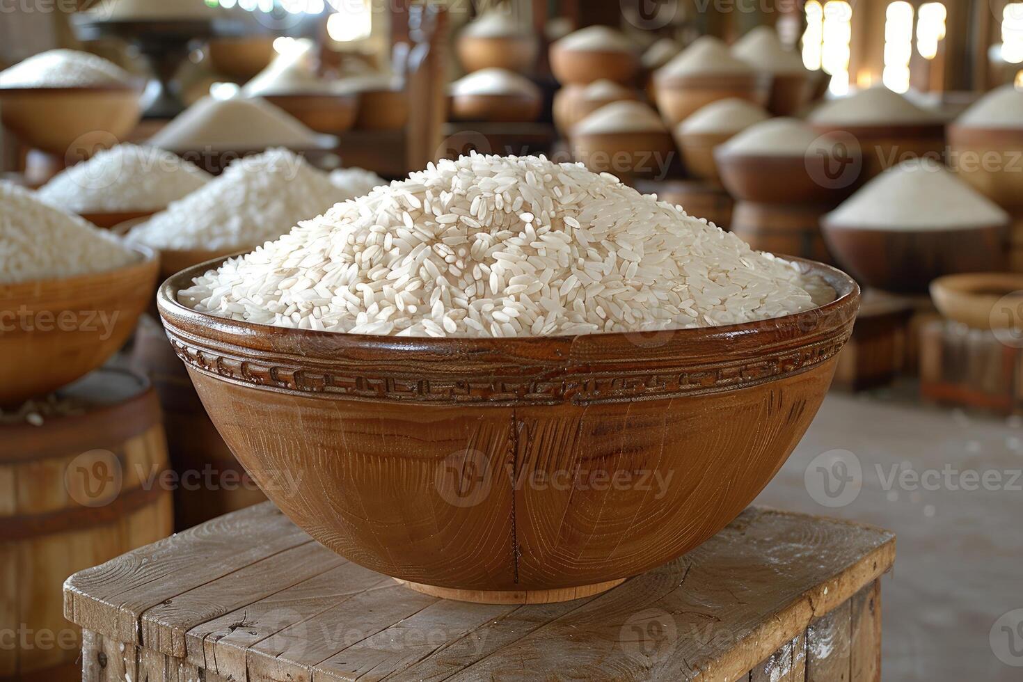 A Large Wooden Bowl Filled with White Rice Grains photo