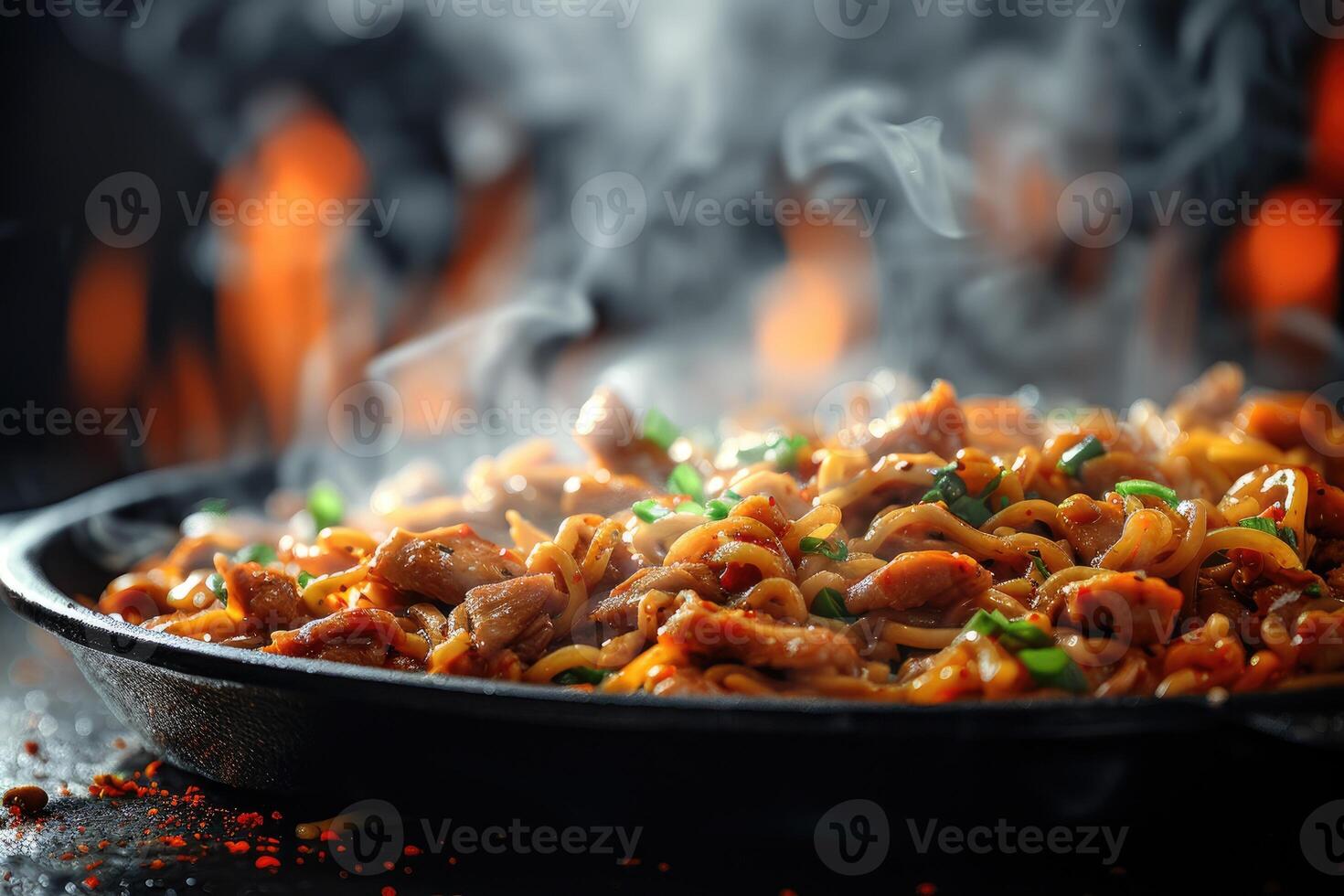 Steaming Wok of Noodles, Meat, and Vegetables photo