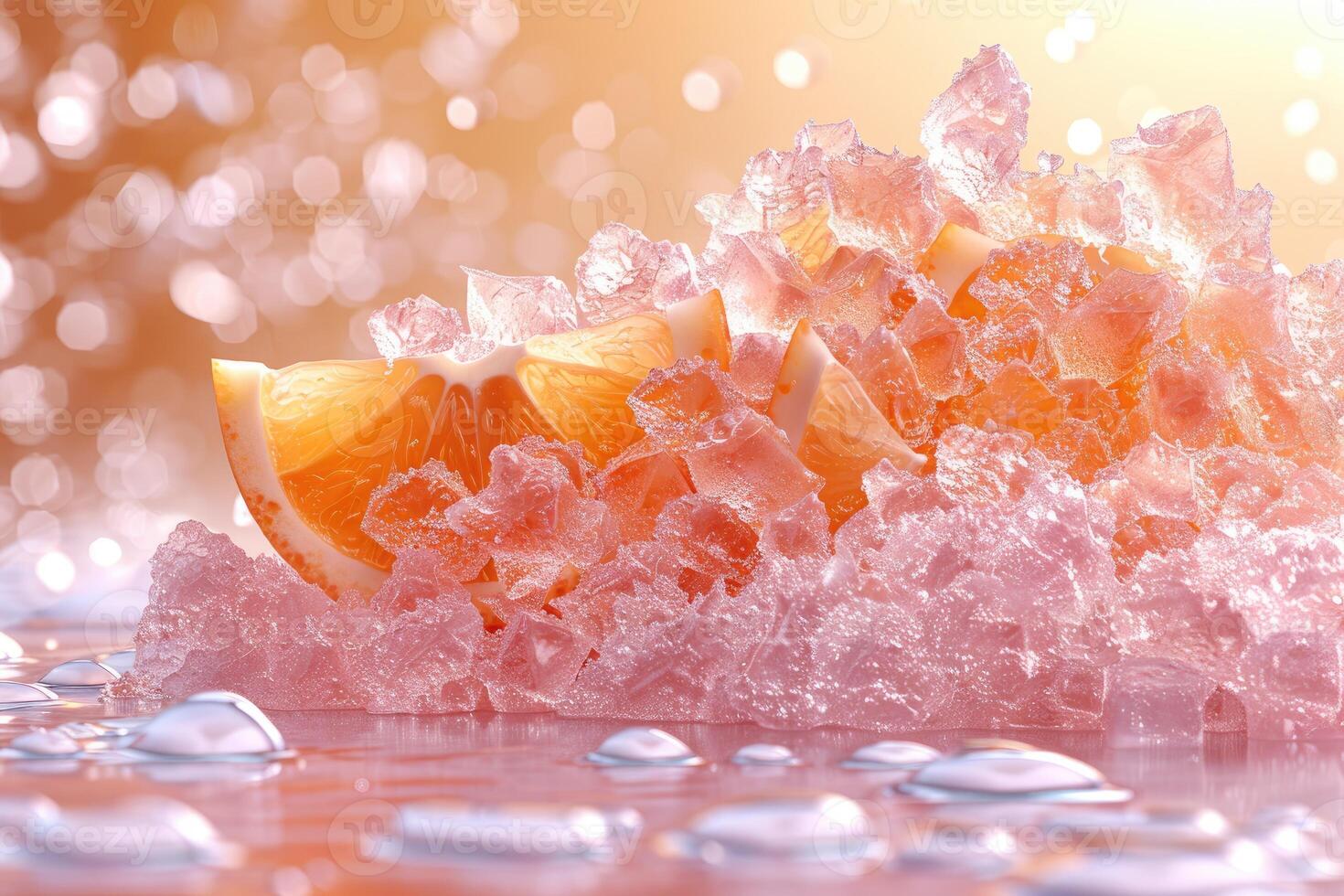 Orange Slices Nestled in Pink Ice Crystals with Water Droplets photo