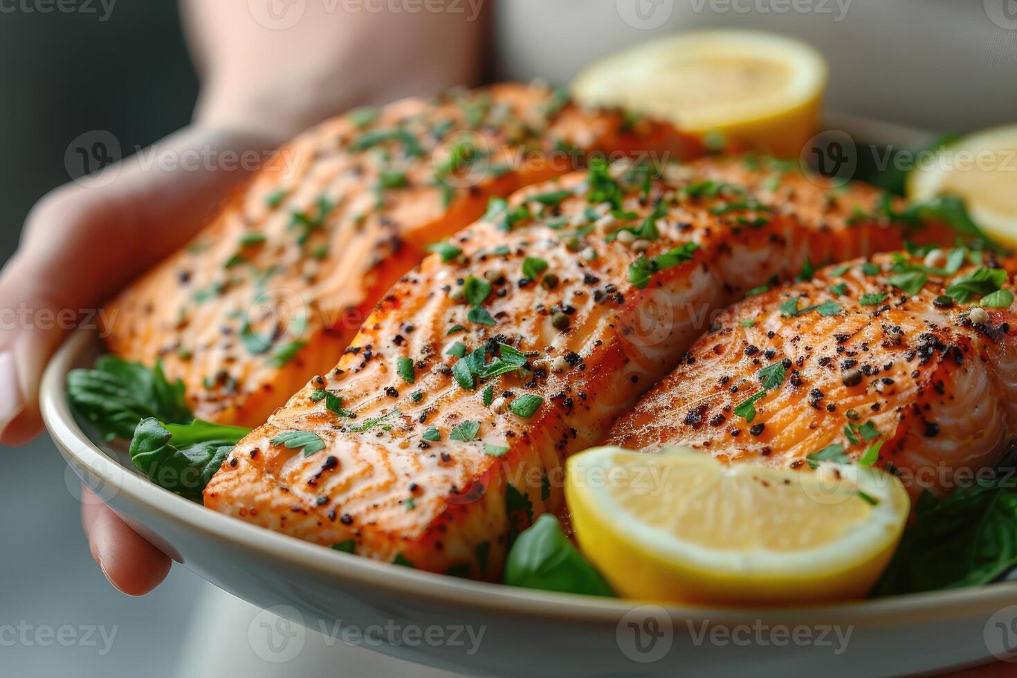 Close-Up of Grilled Salmon with Lemon and Parsley photo