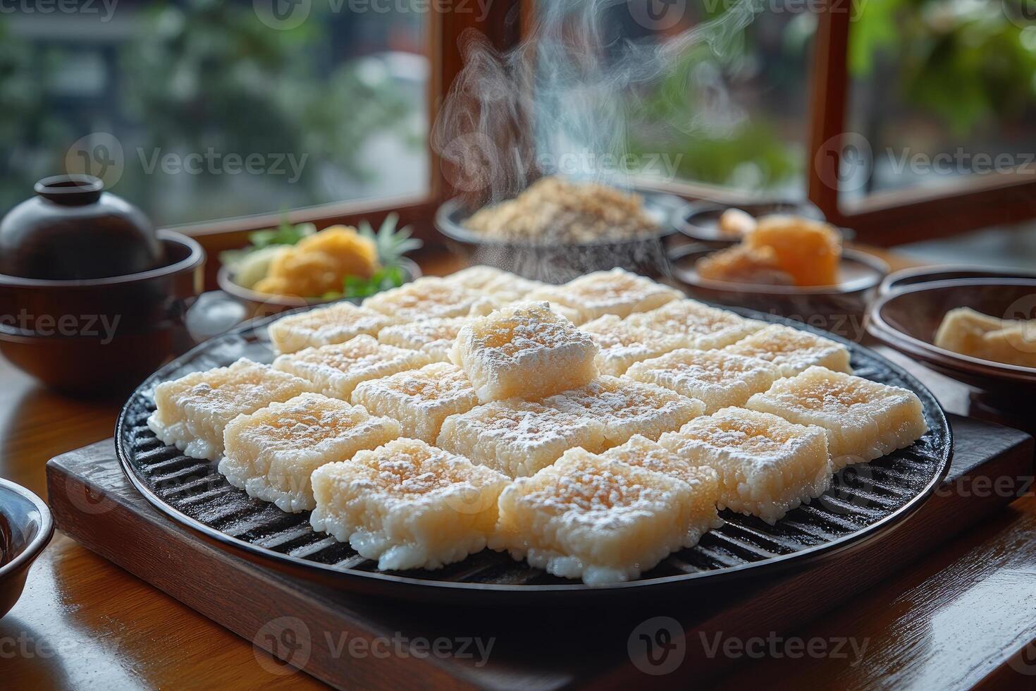Steaming Sweet Rice Cakes with Powdered Sugar on a Black Grill Plate photo