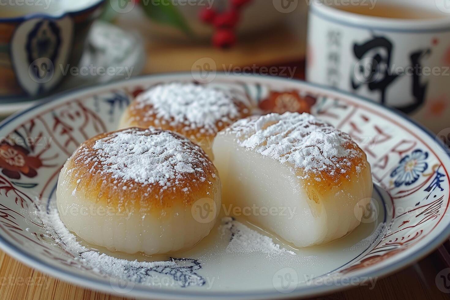 Three Mochi with Powdered Sugar on a Blue and White Plate photo