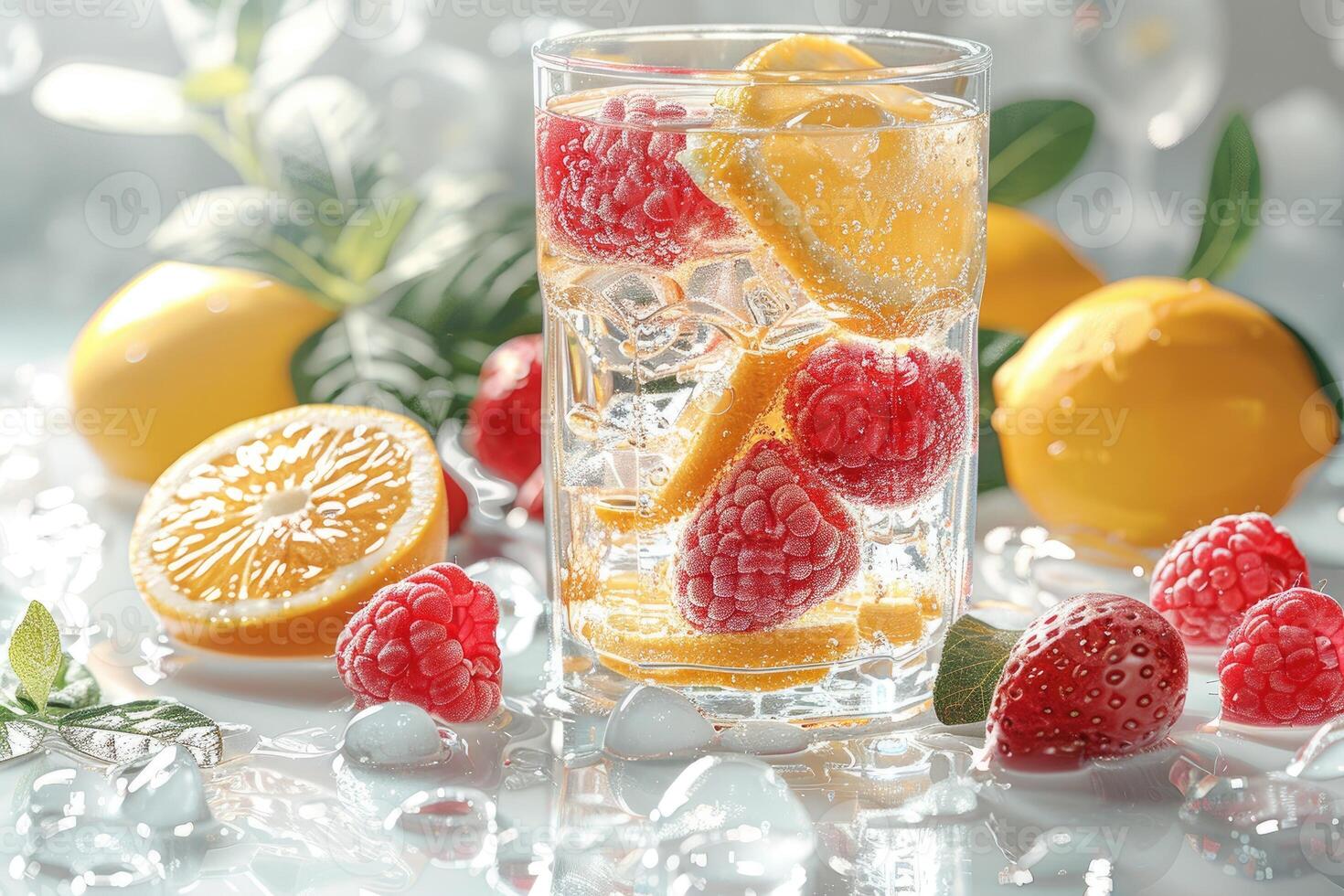 Refreshing Summer Drink with Lemon, Raspberries and Ice photo